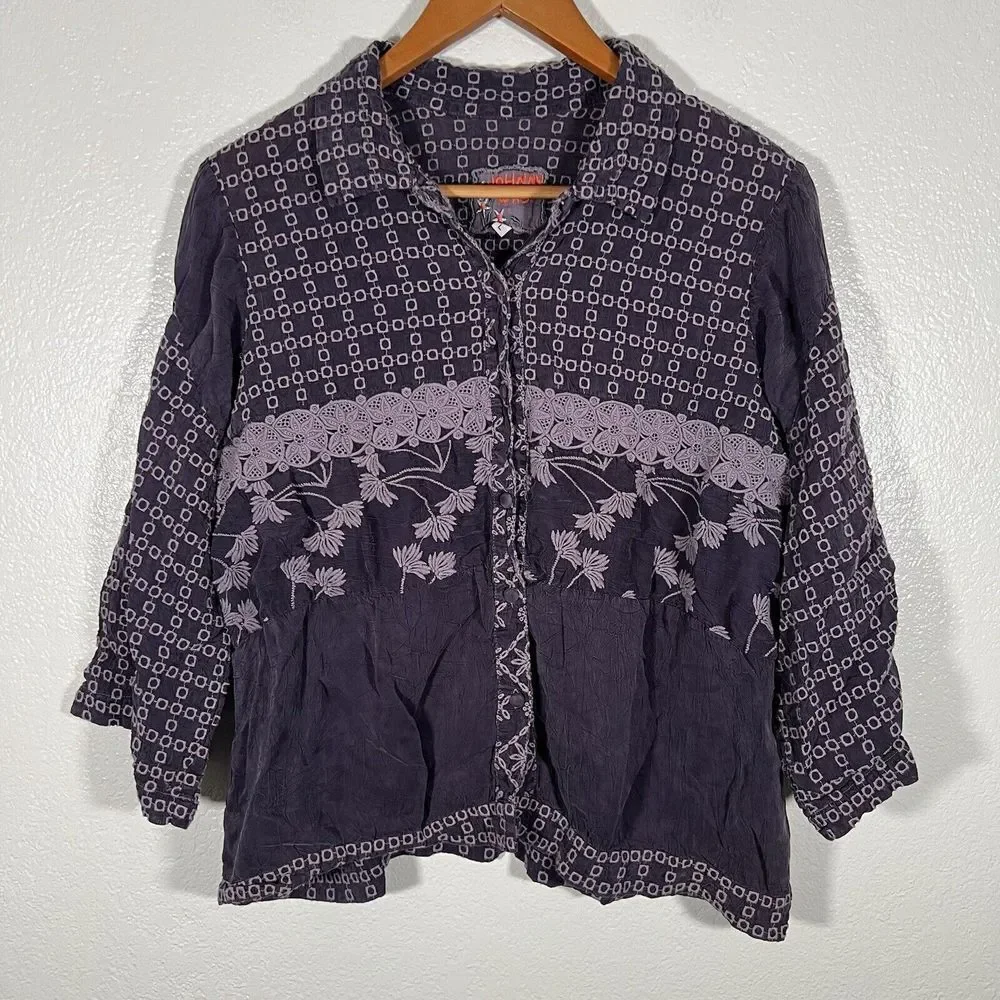 Johnny Was Sheer Floral Embroidered Eyelet Blouse Boho Purple Button Up Sz Large - Picture 2 of 8